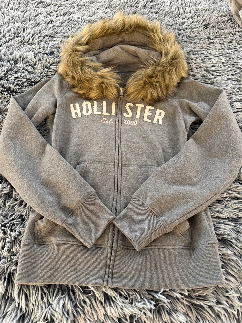 Hollister Gray Zip-Up Hoodie with Faux Fur Hood Trim